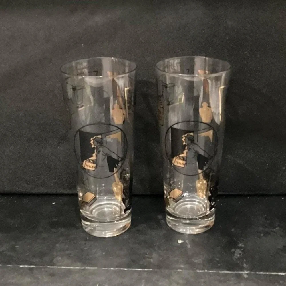Fuller Brush Swanky Swig Tumblers, Set of 2, Vintage Black Gold Highball Glasses